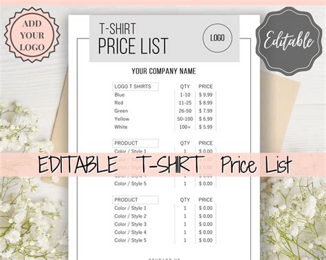 Creating T Shirt Price List Template