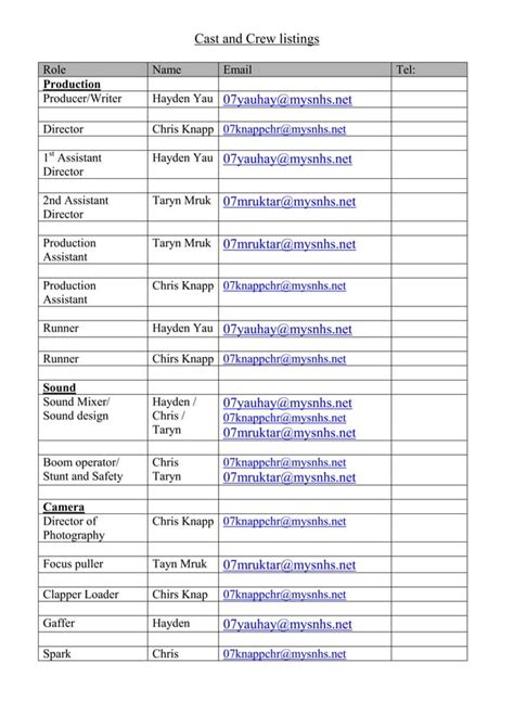 Crew and Cast List Section of a Film Production Schedule Template