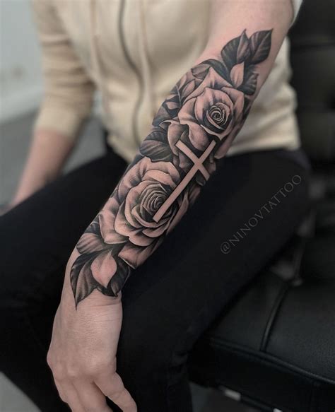 Cross with Roses Forearm Tattoo