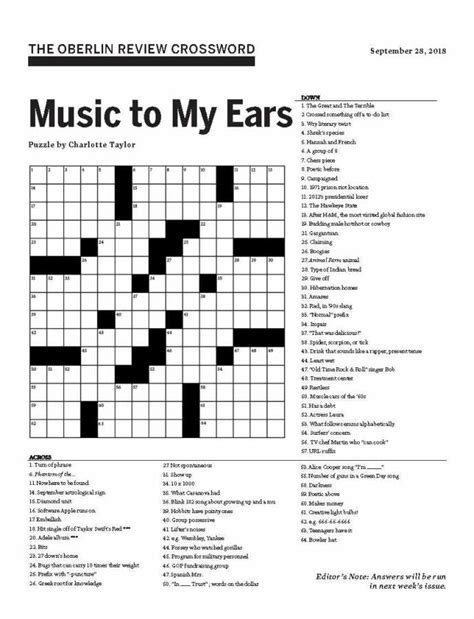 A crossword puzzle grid with music-related words and phrases