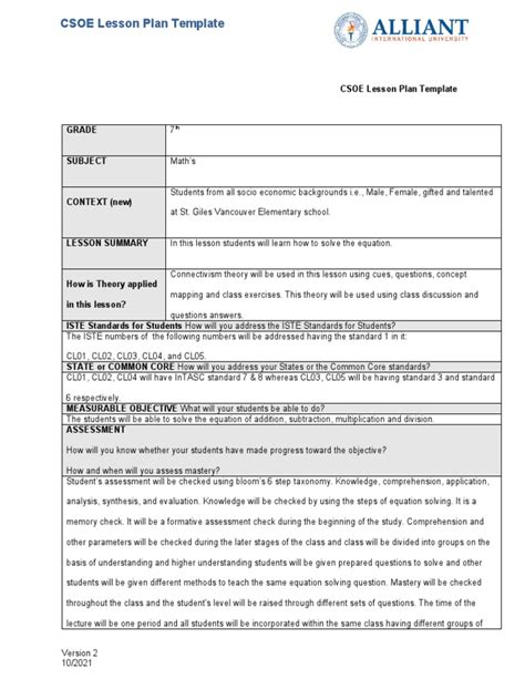 CSOE Lesson Plan Template Example