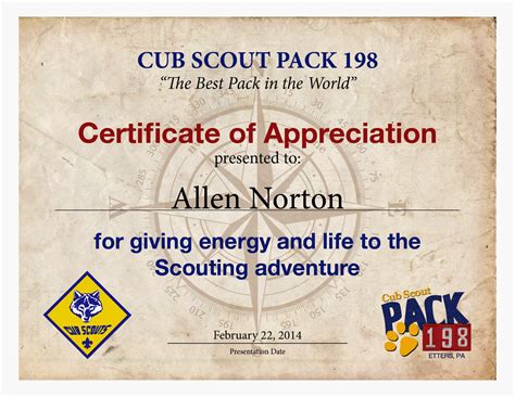 Cub Scout Community Service Certificate