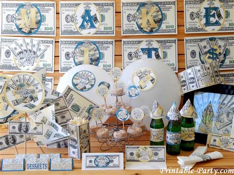 Image of currency-themed party decorations