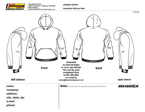 Custom hoodie template with measurements and guidelines