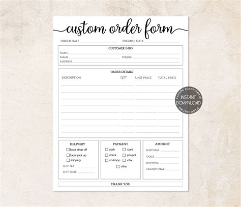 Custom order form template example