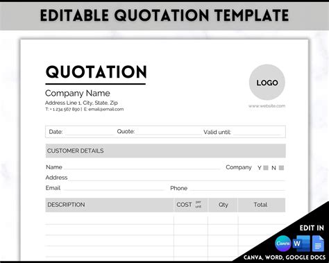 Example of a custom quote template with a table