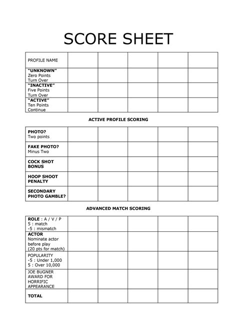 Custom Designed Score Sheet for 10,000 Dice