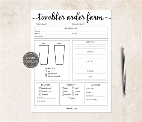 Custom Tumbler Order Form Template Design