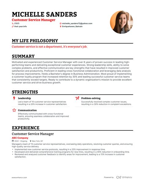 Customer Service Manager Resume