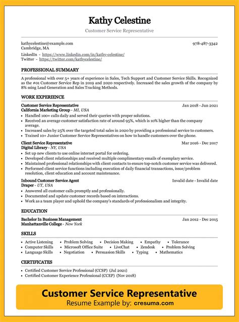 Customer Service Representative Resume