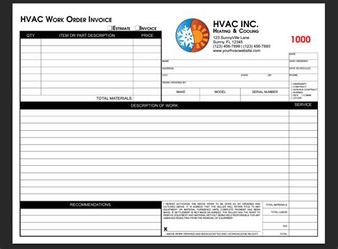 Customizable HVAC service invoice template example