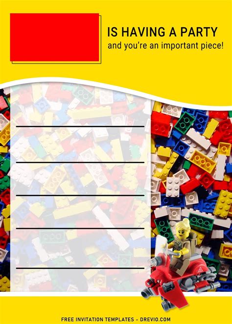 Customizable LEGO party invitation templates with placeholders for names and photos