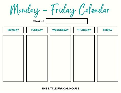 A customizable Monday to Friday calendar template printable