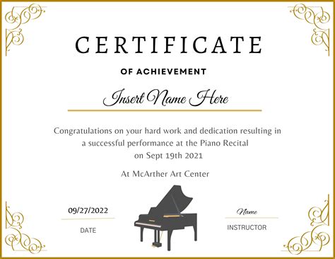 Customizable Piano Recital Certificates