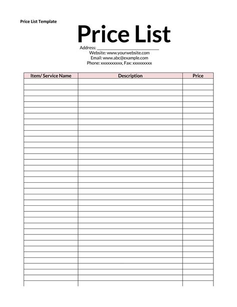 Customizable Price List Template Word