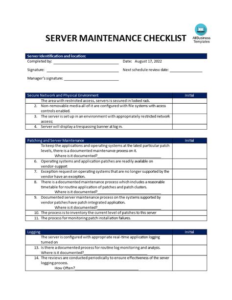 Customizable server checklist template