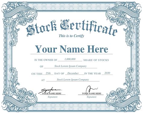 Customizable stock certificate template