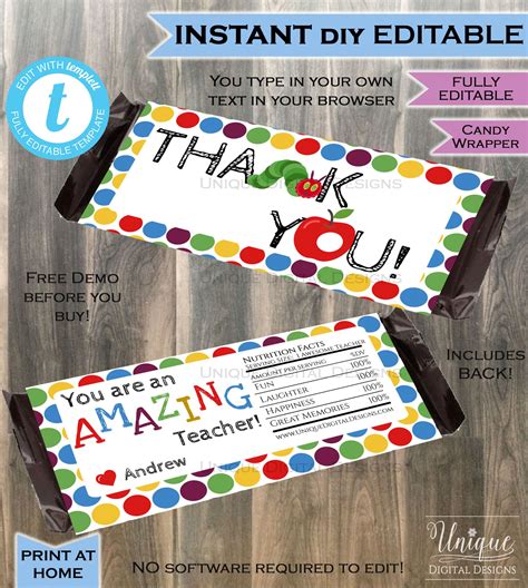 Customizable Teacher Appreciation Candy Bar Wrapper Template