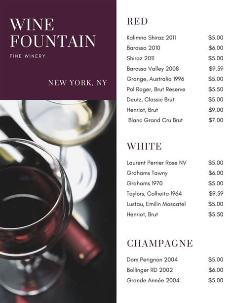 Customizable Wine Menu Template Example