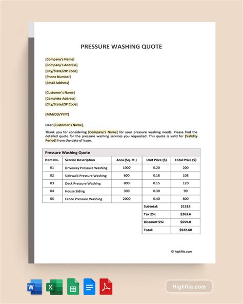 Customize pressure washing quote template