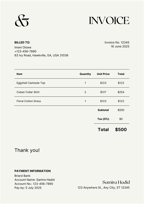 Customized Billing Information Template