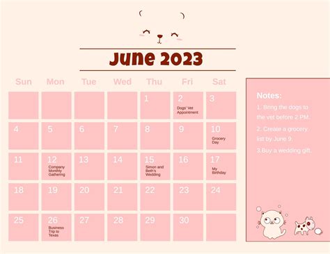 Cute June calendar template