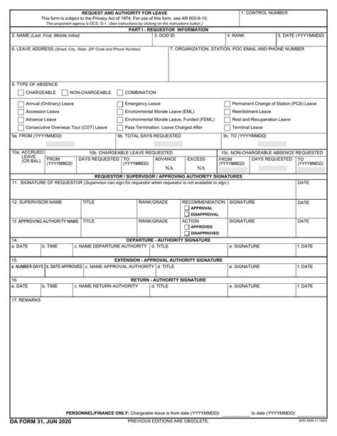 DA Form 31 Fillable Template