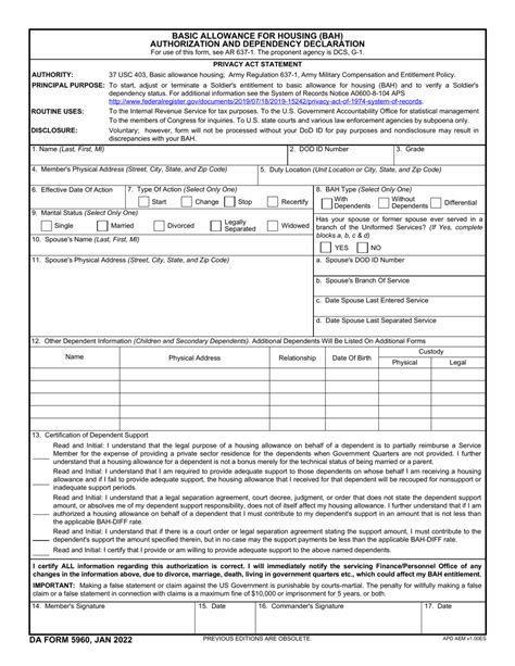 DA Form 5960 fillable