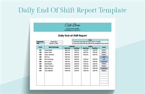 Daily End-of-Shift Report Template Example