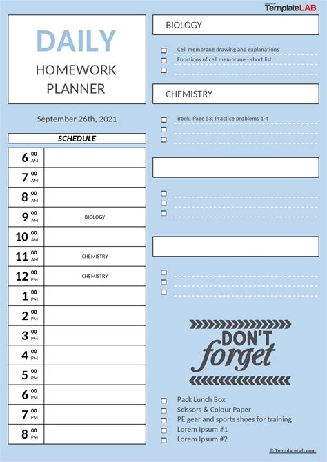 Daily Homework Planner Template