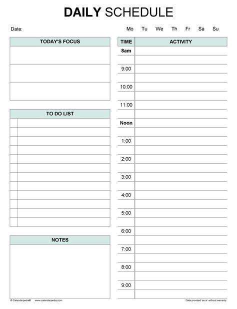 Daily schedule template with time slots