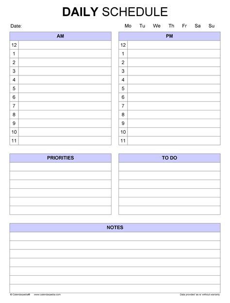 Daily schedule template with notes section