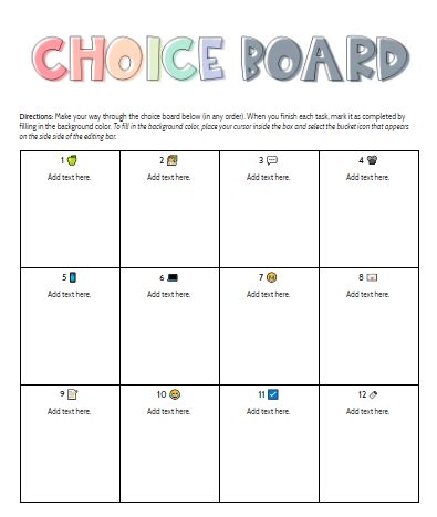 Daily Task Choice Board Template