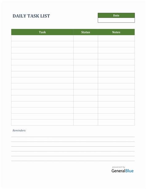 Daily task list template