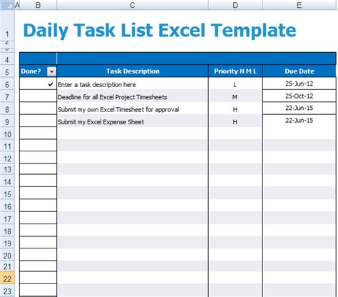 Daily Task List Template in Excel