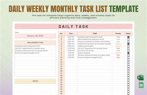 Daily Task List Template in Excel for Productivity