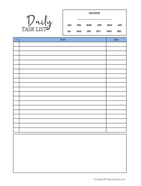 A daily task template with space for notes and deadlines