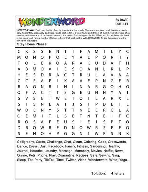 Daily Wonderword Puzzles Printable