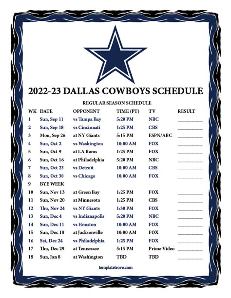 Dallas Cowboys Printable Schedule 2023 Template