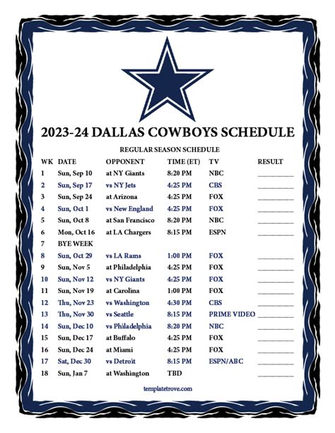 Dallas Cowboys Schedule Printable PDF 2023