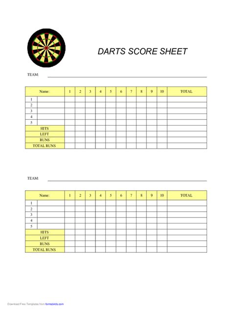 Darts Score Sheet Template