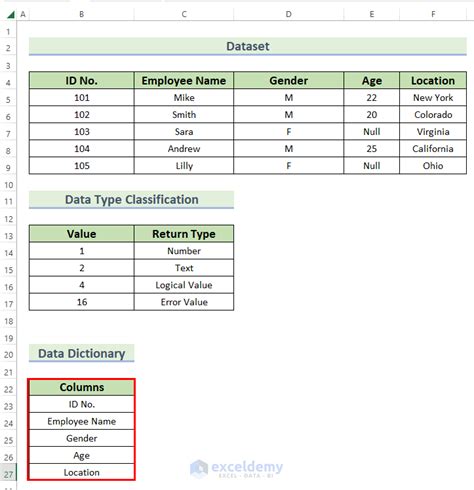 Data Dictionary Design in Excel