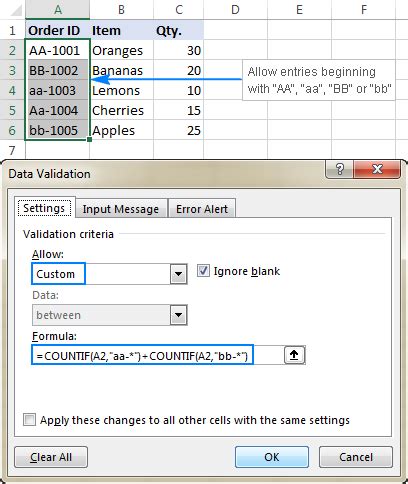 Data Validation Formula Example