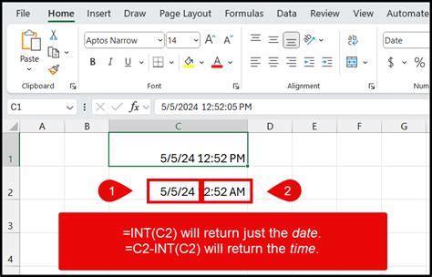 Using the INT and MOD functions to separate dates and times