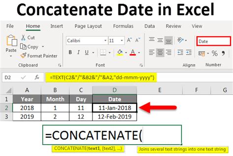 A screenshot of Excel's date concatenation feature