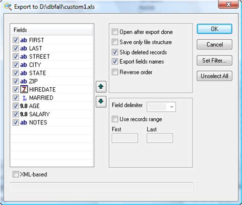 Dbf file in Excel export