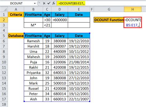 Dcount Formula in Excel