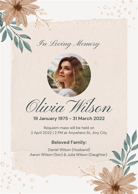 Death announcement template with memories