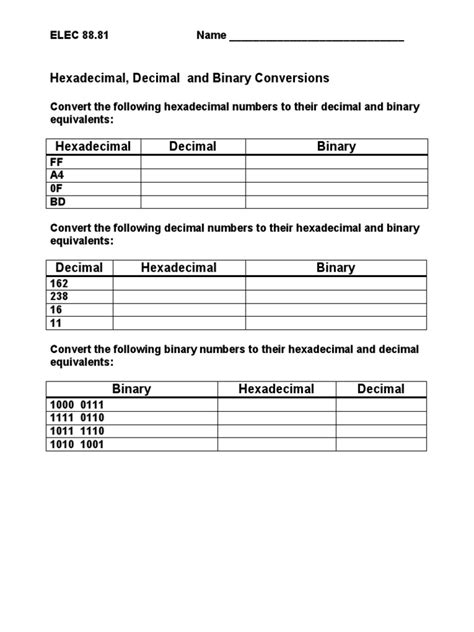 Decimal to Binary Conversion Worksheet