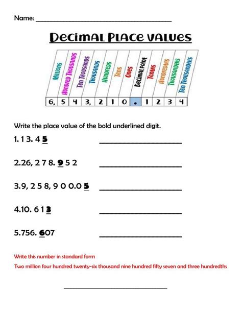 Decimal Place Value Worksheets